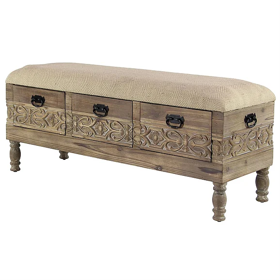 UMA Brown Wood Floral Intricately Carved Room Storage Bench with Cream Burlap Top, 47 x 16 x 20 | 42934