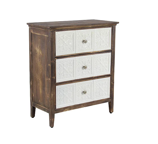 UMA Brown Wood Floral Embossed 3 Drawer Room Cabinet, 26" x 13" x 30" | 42974 CLOSEOUT