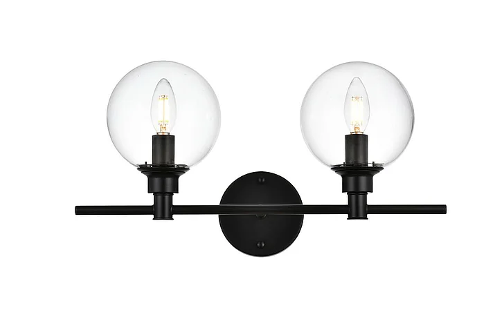 Elegant Jaelynn 2 Light Black and Clear Bath Sconce LD7318W19BLK CLOSEOUT
