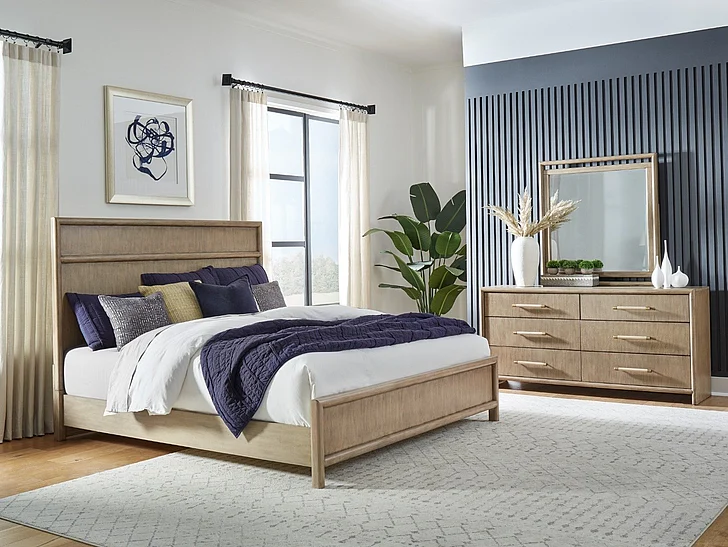 American Woodcrafters Arlington 3pc Bedroom Set - Queen Panel Bed, Nightstand, Dresser and Mirror in Nutmeg