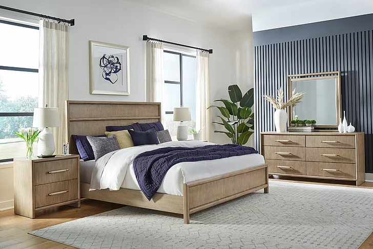 American Woodcrafters Arlington 4pc Bedroom Set - Queen Panel Bed, Nightstand, Dresser and Mirror in Nutmeg
