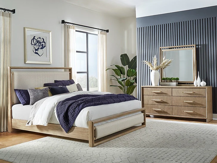 American Woodcrafters Arlington 3pc Bedroom Set - Queen Upholstered Panel Bed, Dresser, Mirror in Nutmeg