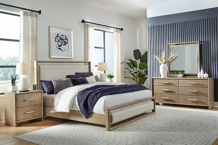 American Woodcrafters Arlington 4pc Bedroom Set - Queen Upholstered Panel Bed, Nightstand, Dresser, Mirror in Nutmeg