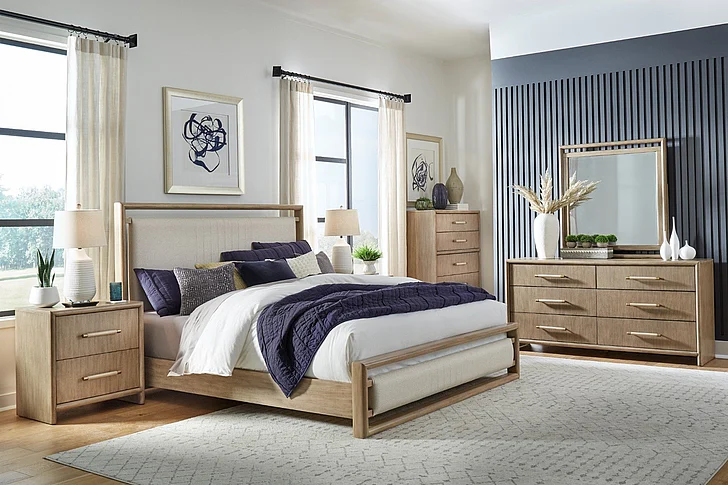 American Woodcrafters Arlington 5pc Bedroom Set - Queen Upholstered Panel Bed, Nightstand, Dresser, Mirror and Chest in Nutmeg