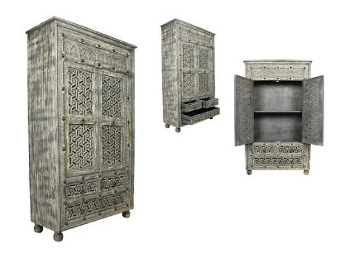 Moti Furniture Carver Burman Armoire in Aged Grey