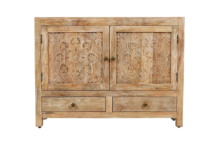 Moti Furniture Weatherly 2-Handcarved Doors, 2-Drawers Accent Cabinet in Natural