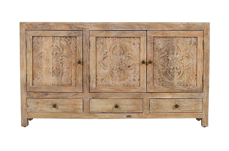 Moti Furniture Weatherly 3-Handcarved Doors, 3-Drawers Accent Cabinet in Natural