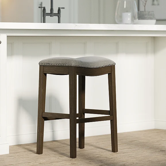 31In Saddle Distressed Espresso Wood Bar-Height Barstool with Smoke Gray Fabric, 1Pc