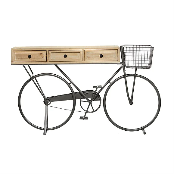 UMA Black Metal Bike 3 Drawers Living Room Console Table with Brown Wood Top, 58" x 15" x 34" | 43339