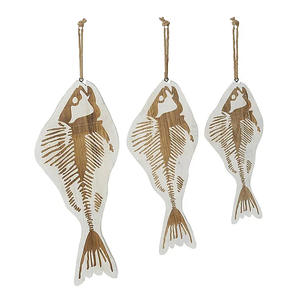 UMA White Wood Fish Home Wall Decor with Hanging Rope, Set of 3 22, 26, 30H | 43380 CLOSEOUT