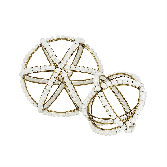UMA White Metal Geometric Handmade Beaded Decorative Sculpture, (Set of 2) 7, 5H | 43405
