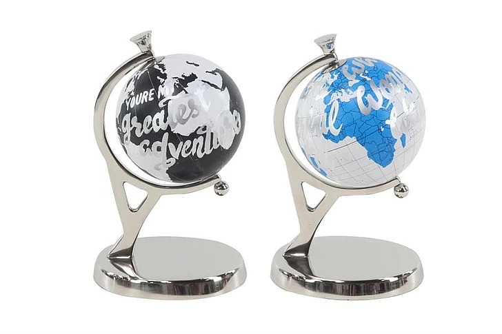 UMA Silver Aluminum Metal Globe, 2 Assorted 6"W, 10"H | 43549