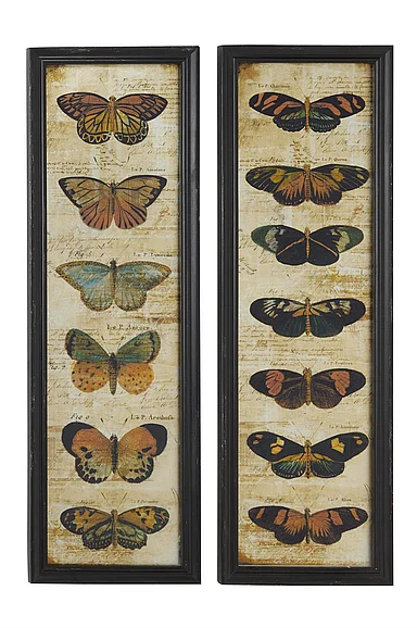 UMA Multi Colored Glass Butterfly Home Wall Decor with Black Frame, Set of 2 11W, 36H | 43653