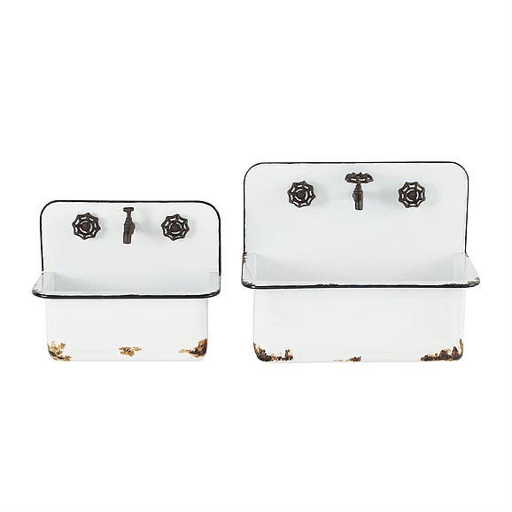 UMA White Metal Sink Indoor Outdoor Wall Planter with Bronze Hardware and Distressed Accents, Set of 2 17, 13W | 43748
