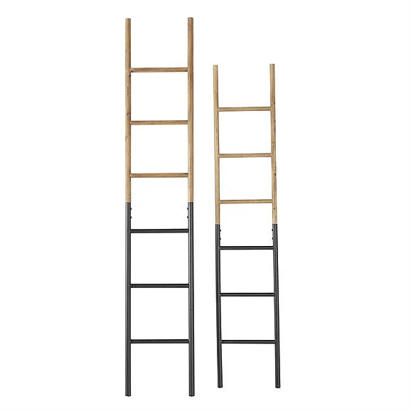 UMA Brown Wood Slim Two-Toned 12 Rug Partition Ladder with Black Metal Bases, (Set of 2) 71, 62H | 43765