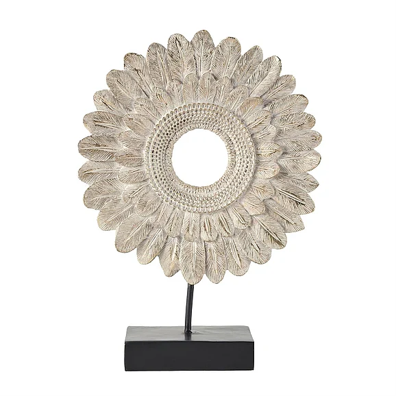 UMA Cream Resin Bird Feather Ring Decorative Sculpture with Black Stand, 12" x 4" x 17" | 43811 CLOSEOUT