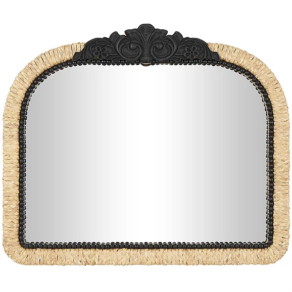 UMA Brown Wooden Floral Woven Room Wall Mirror with Black Beaded Detailing, 35" x 2" x 29" | 43837 CLOSEOUT