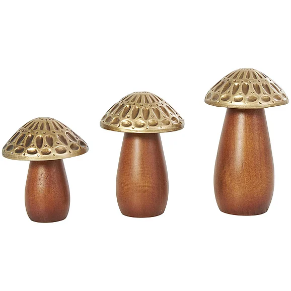 UMA Brown Wood Mushroom Decorative Sculpture with Gold Tops and Groove Patterns, Set of 3 7, 6, 5H | 43848 CLOSEOUT
