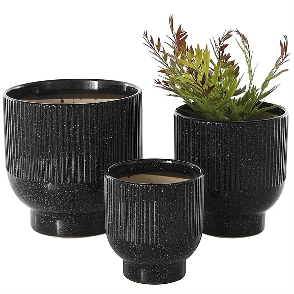 UMA Black Ceramic Speckled Indoor Outdoor Planter with Linear Grooves and Tapered Bases, (Set of 3) 9, 8, 6H | 43858