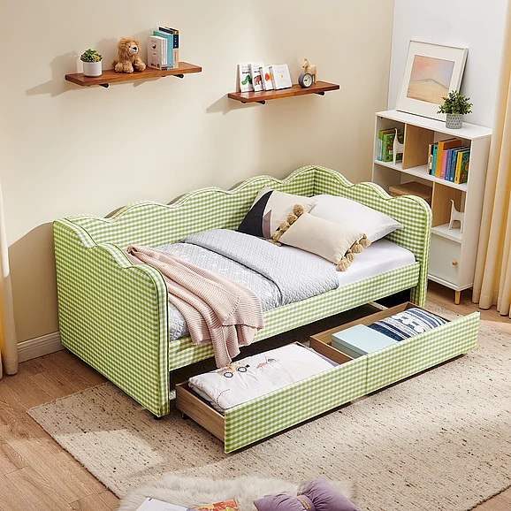 Twin Size Cozy Gingham Daybed with Two Storage Drawers with USB Port