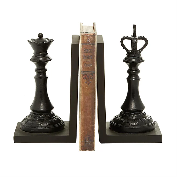 UMA Polystone Chess Decorative Bookends with King and Queen in Black (Set of 2) 44754