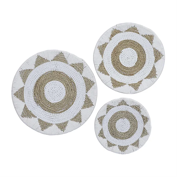 UMA White Cotton Fabric Plate Handmade Woven Home Wall Decor, Set of 3 24, 20, 16H | 45384