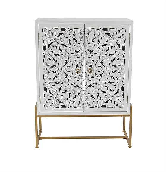 UMA White Wood Floral Intricately Carved 1 Shelf and 2 Doors Room Cabinet, 30" x 15" x 42" | 45845 CLOSEOUT