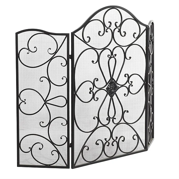 UMA Black Metal Scroll Foldable 3 Panel Living Room Fireplace Screen with Mesh Netting, 49" x 1" x 36" | 46041