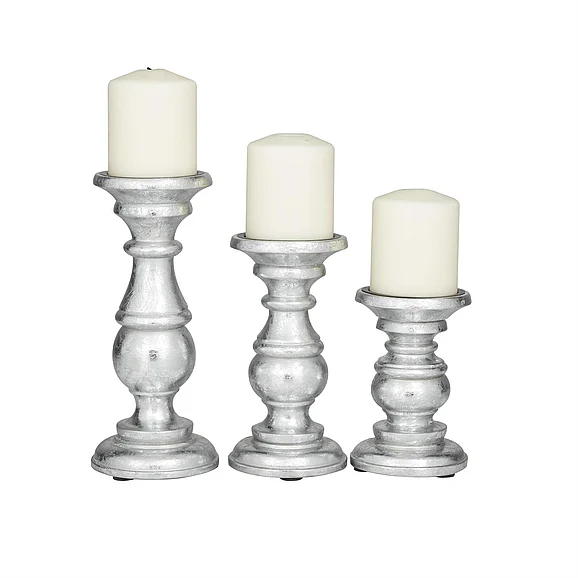 UMA Silver Mango Wood Turned Style Pillar Decorative Candle Holder, Set of 3 10, 8, 6H | 46050 CLOSEOUT