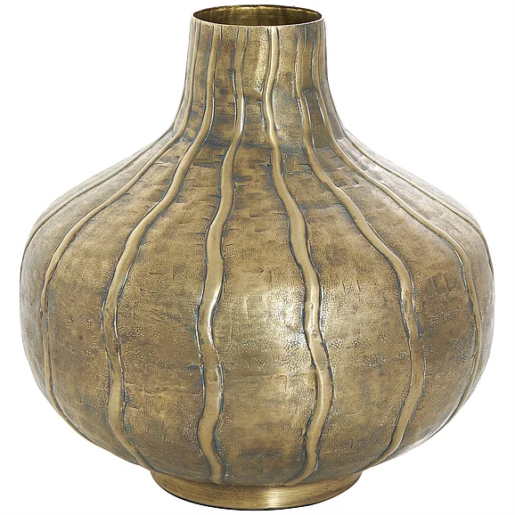 UMA Brass Metal Wide Snakeskin Inspired Decorative Vase with Dimensional Wavy Accents, 12 x 12 x 13 | 46157