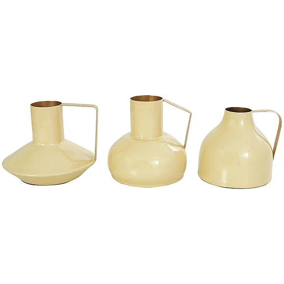 UMA CosmoLiving by Cosmopolitan Yellow Metal Abstract Enameled Decorative Vase with Varying Shapes and Geometric Gold Handles, Set of 3 6, 7, 7H | 46165 CLOSEOUT