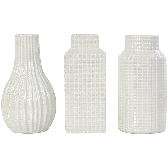 UMA Cream Ceramic Geometric Dimensional Textured Decorative Vase with Varying Shapes and Grid Patterns, Set of 3 3W, 8H | 46252 CLOSEOUT