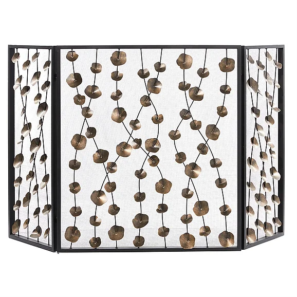 UMA Gold Metal Floral Foldable Mesh Netting 3 Panel Living Room Fireplace Screen with 3D Floral on Vines, 56" x 1" x 32" | 46269