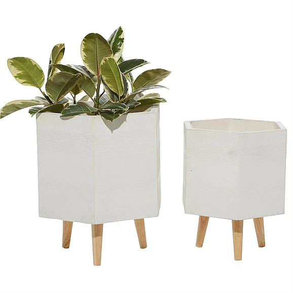 UMA White Magnesium Oxide Indoor Outdoor Planter with Wood Tripod Legs, (Set of 2) 15, 17H | 46488