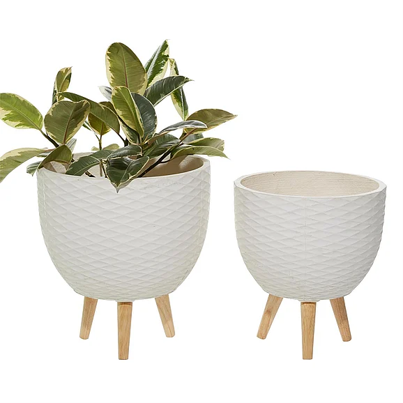 UMA White Ceramic Geometric Diamond Patterned Indoor Outdoor Planter with Wood Tripod Legs, (Set of 2) 14, 13H | 46498