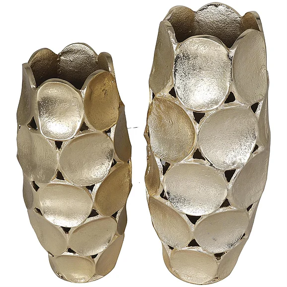 UMA Gold Aluminum Metal Geometric Open Framed Decorative Vase with Circular Plates, Set of 2 13, 11H | 46581