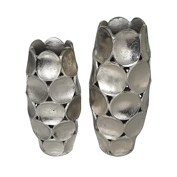 UMA Silver Aluminum Metal Geometric Open Framed Decorative Vase with Circular Plates, Set of 2 13, 11H | 46582 CLOSEOUT