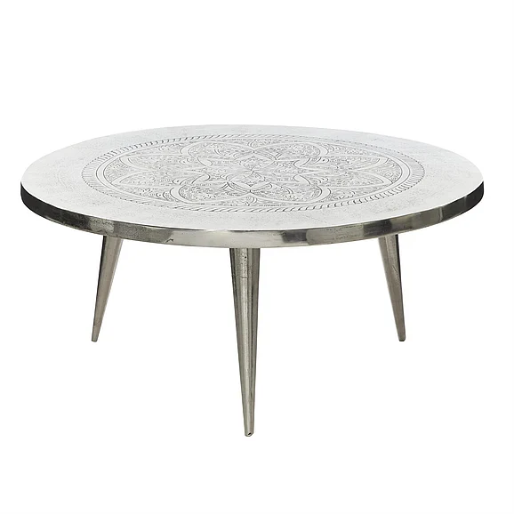 UMA Silver Aluminum Metal Floral Engraved Living Room Coffee Table with Tripod Legs, 35" x 35" x 16" | 46755