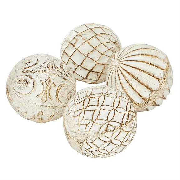 UMA White Ceramic Handmade Carved Decorative Orbs & Vase Filler with Varying Patterns, (Set of 4) 4W, 4H | 46783