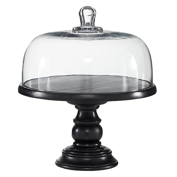UMA Black Wood Decorative Cake Stand with Glass Lid, 12" x 12" x 14" | 46795