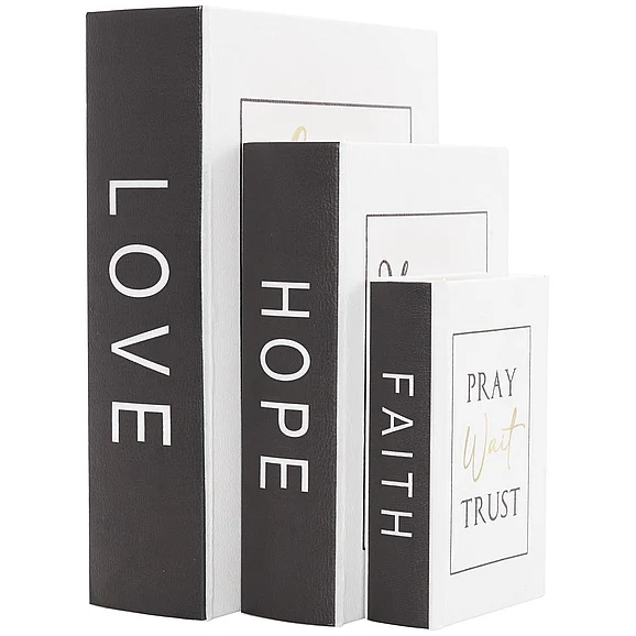 UMA White Faux Leather Love, Hope, Faith Book Storage Decorative Box with Black Spine and Varying Quotes, (Set of 3) 11, 8, 6H | 47148