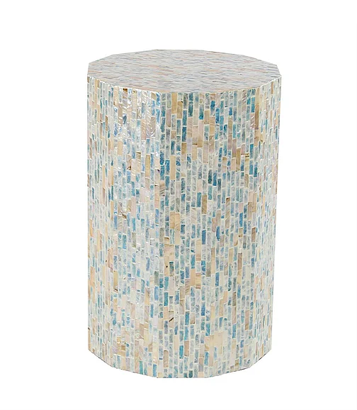 UMA Blue Mother of Pearl Shell Handmade Mosaic Inlay Drum Side End Accent Table, 13" x 13" x 19" | 47336