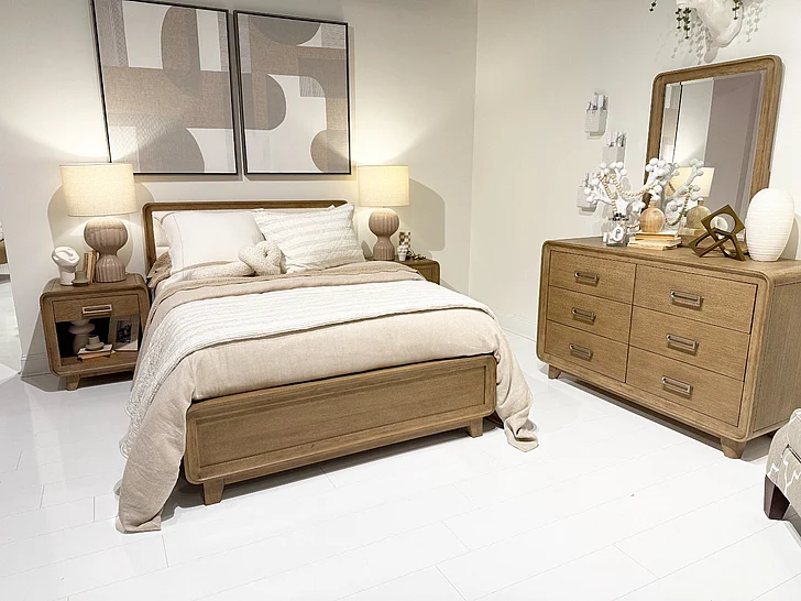Legacy Classic Theo 4pc Upholstered Panel Bedroom Set in Dessert Oak