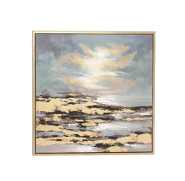 UMA Blue Canvas Geode Landscape Living Room Framed Wall Art with Gold Frame, 39" x 1" x 39" | 47458