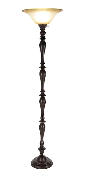 UMA Brown Polystone Antique Style Turned Room Torchiere with Cream Glass Shade, 16" x 16" x 72" | 47635
