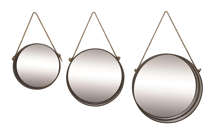 UMA Gray Aluminum Metal Wall Mirror with Hanging Rope, Set of 3 24, 19, 15D | 47944 CLOSEOUT