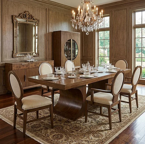 Finn & Louise (Lineage) Manhattan Valley 7pc Double Pedestal Dining Room Set in Vintage Chestnut