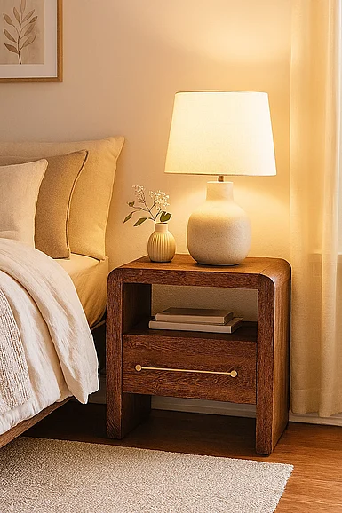 Solid Wood Curved Edge Bedside, Brown, 1-Drawer, 1-Shelf