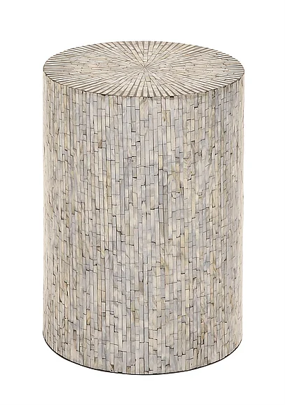 UMA Light Blue Mother of Pearl Shell Geometric Handmade Mosaic Drum Side End Accent Table, 14 x 14 x 20 | 48983