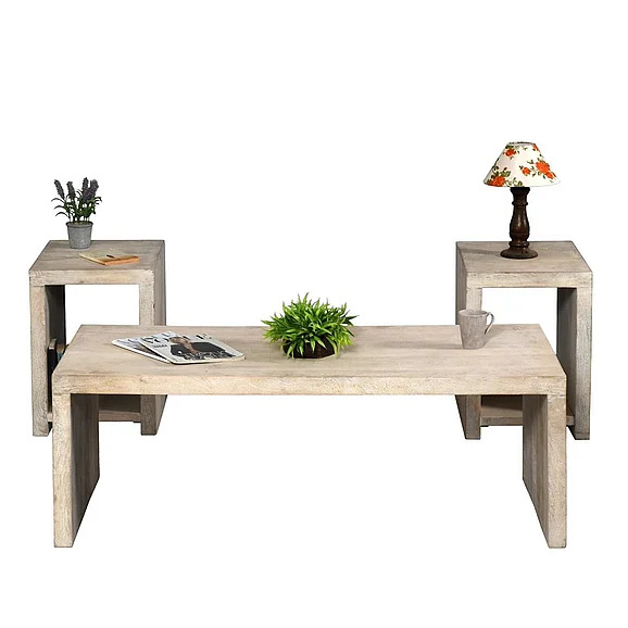 Moti Furniture Mir 3Pc Coffee and End Table Set in Brushed White